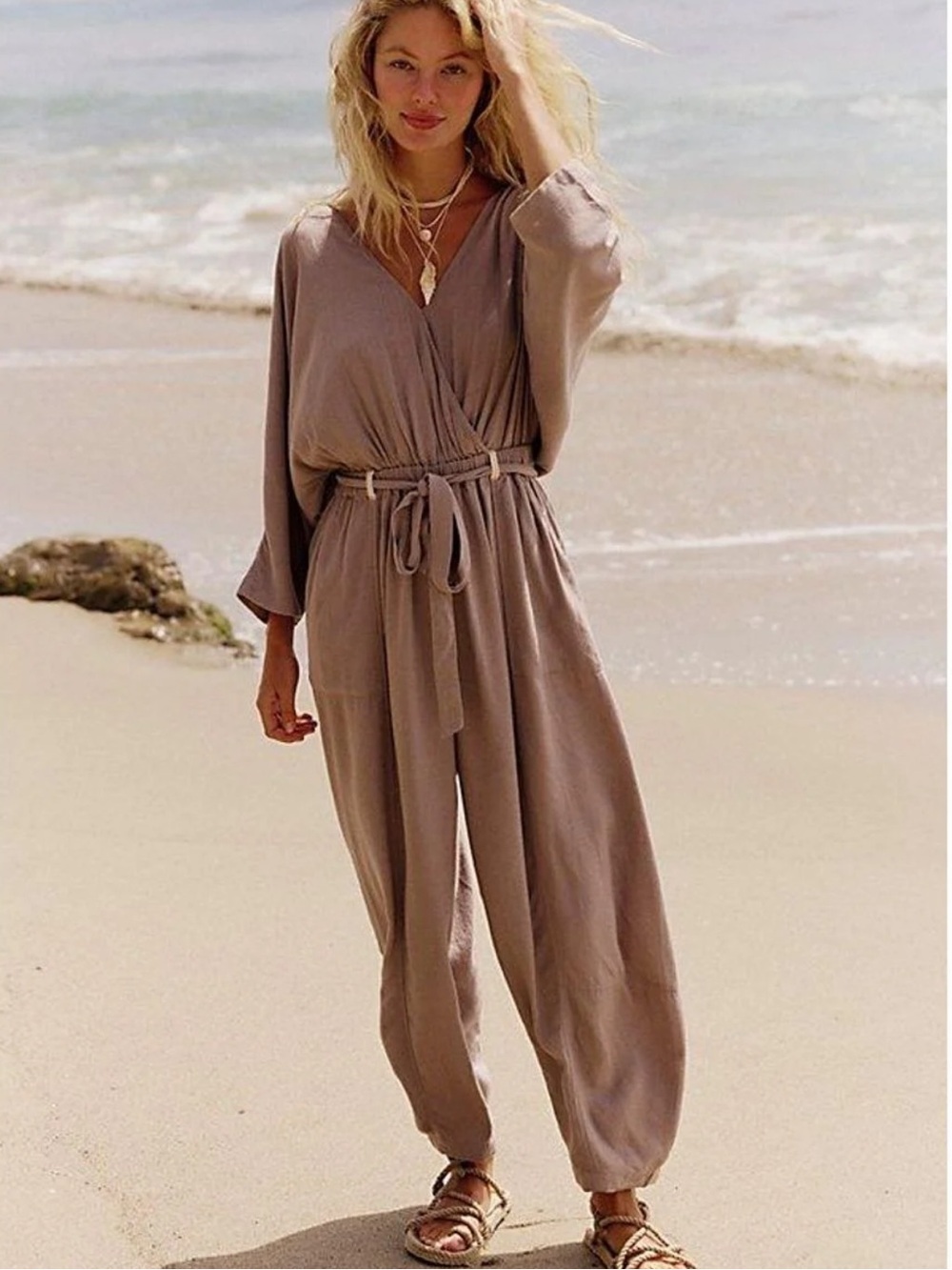 Free People Khaki Linen Blend One Piece Jumpsuit S - Picture 4 of 11